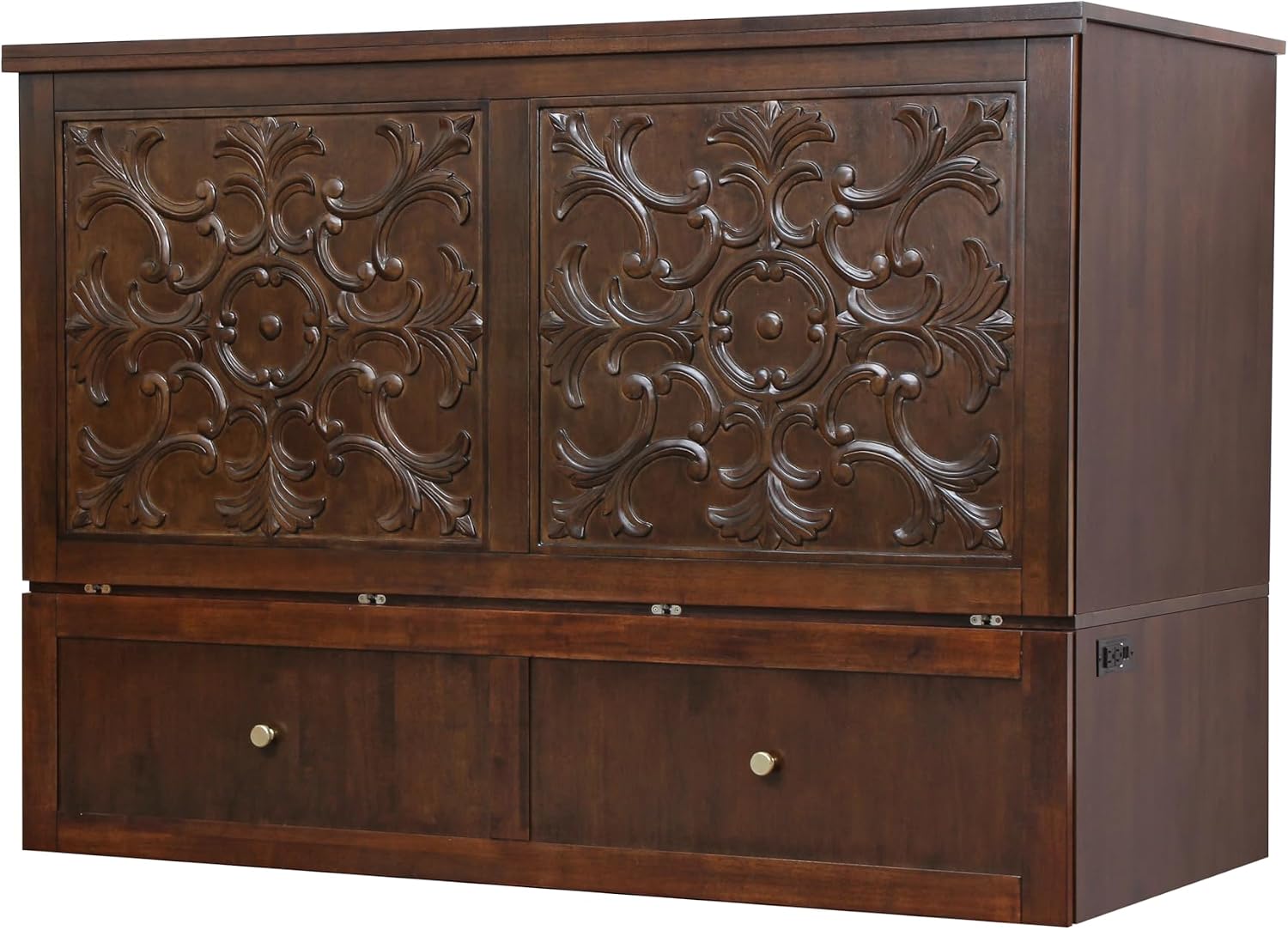Mega Solutions Notturno Murphy Cabinet Bed Queen 8 inch Save Space in Style with Elegant Chestnut Wood Finish Charging Station - Guest Room or Small Apartment Must-Have
