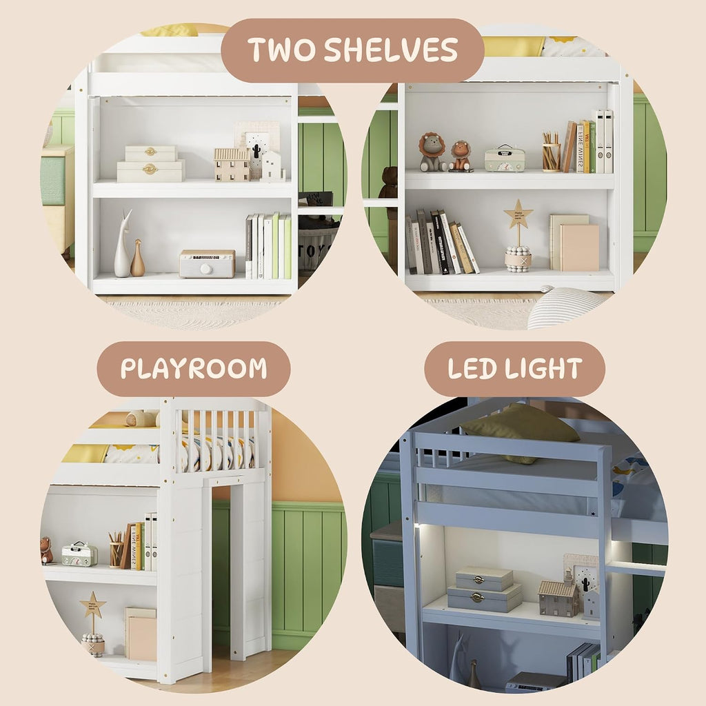 Twin Size Low Loft Bed with Two-Tier Shelves, Multifunction Wood Loft Bed Frame with Built-in Stairs, Storage Underneath, Sturdy Slats Support, Space Saving Loft Bed for Kids Boys Girls (White * 01)