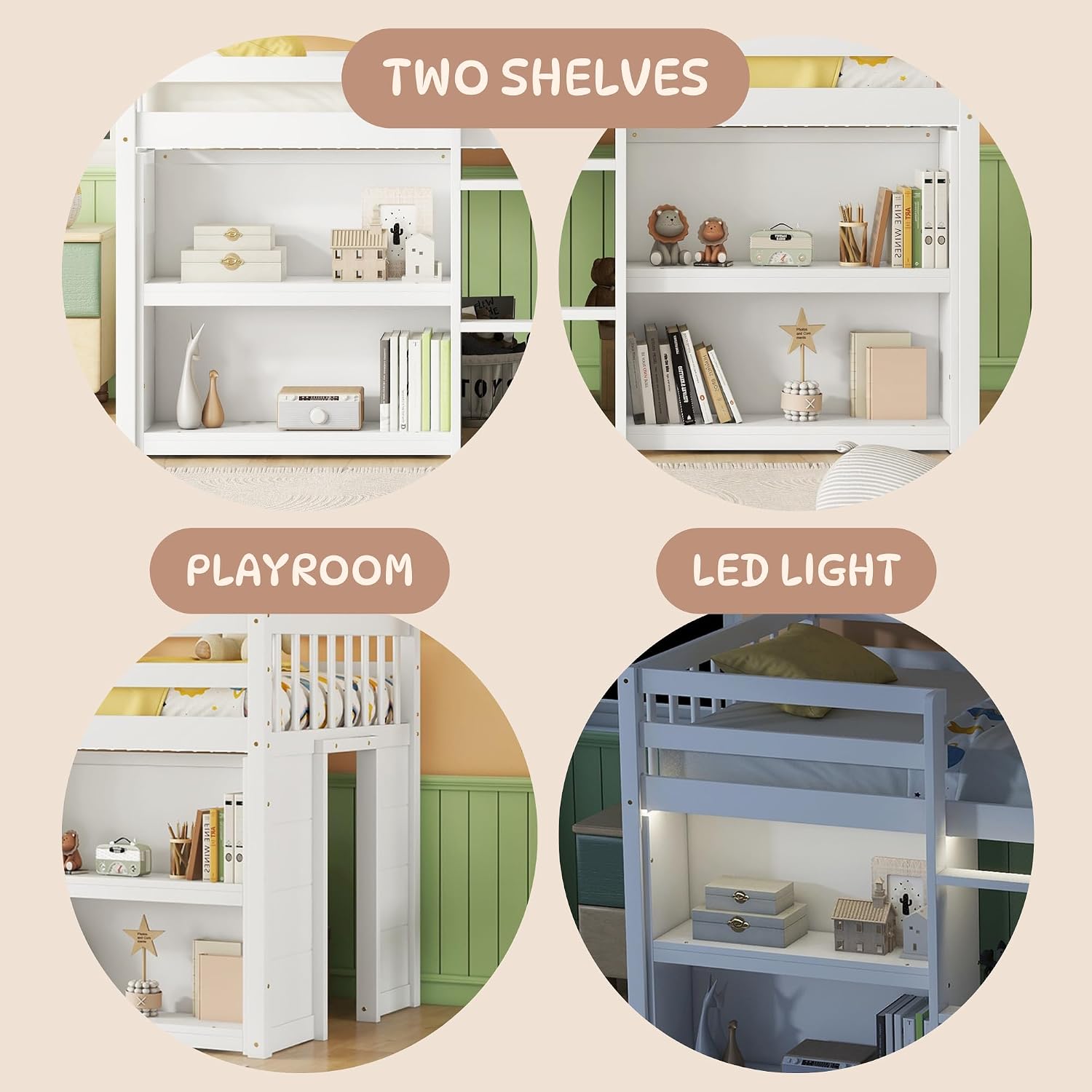 Twin Size Low Loft Bed with Two-Tier Shelves, Multifunction Wood Loft Bed Frame with Built-in Stairs, Storage Underneath, Sturdy Slats Support, Space Saving Loft Bed for Kids Boys Girls (White * 01)