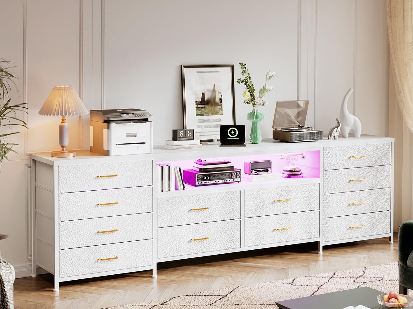 EnHomee 63' W TV Stand Fits 55/65/70' TV, 12 Drawers Dresser with LED Lights & Power Outlets, Entertainment Center Long Fabric Dresser for Bedroom, Living Room, Hallway, White