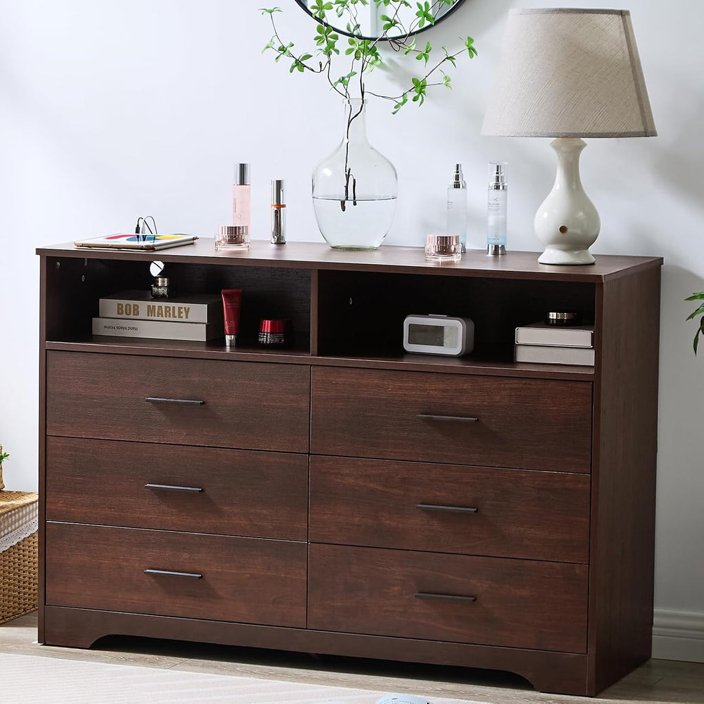 LIDYUK Dark Cherry Dresser for Bedroom, 6 Drawer Dressers & Chests of Drawers, Modern Wood Dresser with Charging Station and LED Lights, 48 Inch Wide Chest of Drawers for Bedroom, Hallway, Living Room