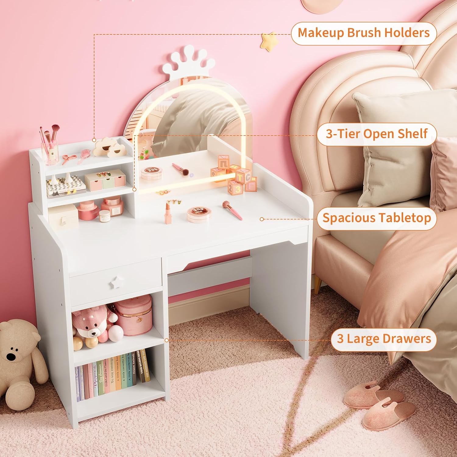 Garvee Kids Vanity with Lights, 2 in 1 Princess Makeup Vanity Desk with Open Bookshelf, Storage Cabinet & Shelves for Little Girls