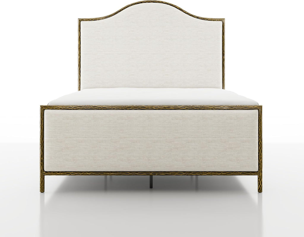24/7 Shop at Home Lalia Hammered Metal 3-Piece Bedroom Collection, Upholstered Bed Frame with Camelback Headboard, Forged Steel and Curved Nightstands, Foundation Required, Queen, Matte Gold