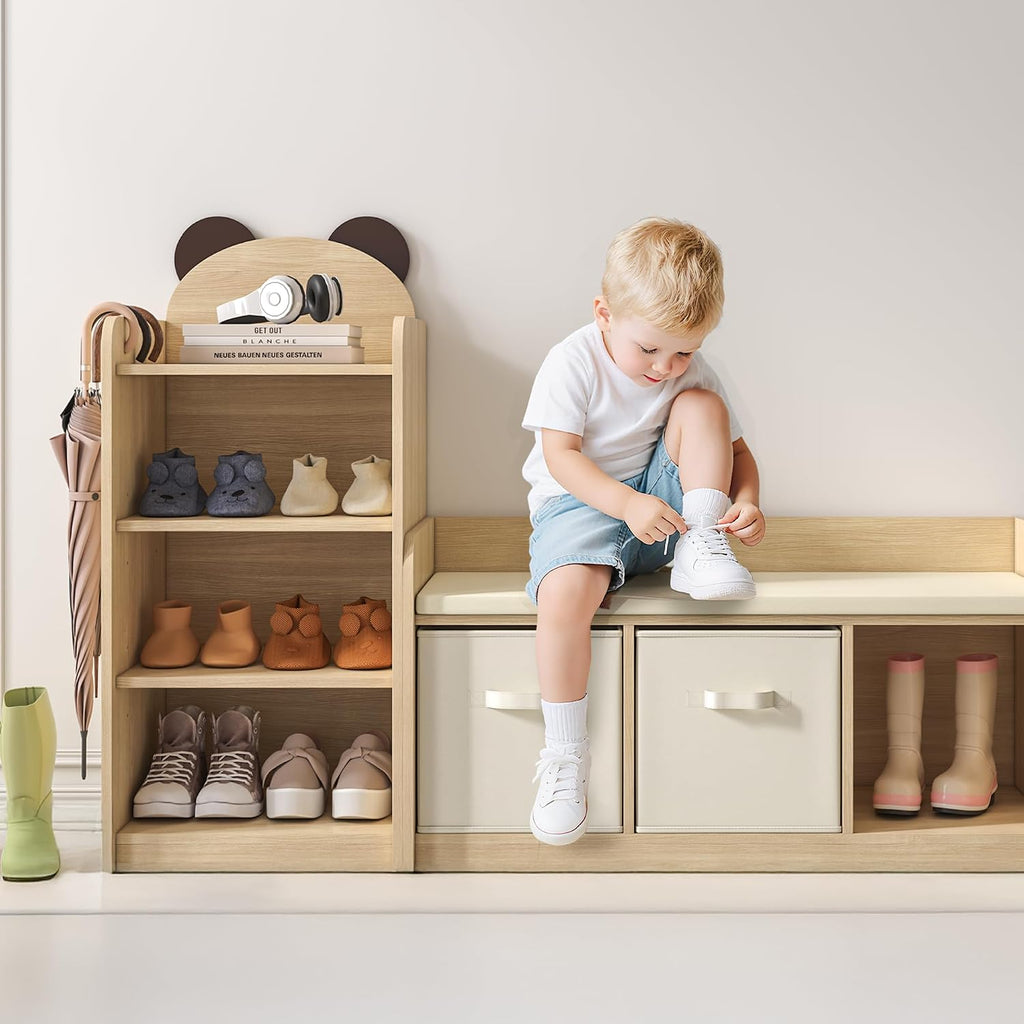 Kids Reading Nook Bench with 3 Drawers and Seat Cushion - Large Capacity Toddler Reading Corner，Kids Storage Bench