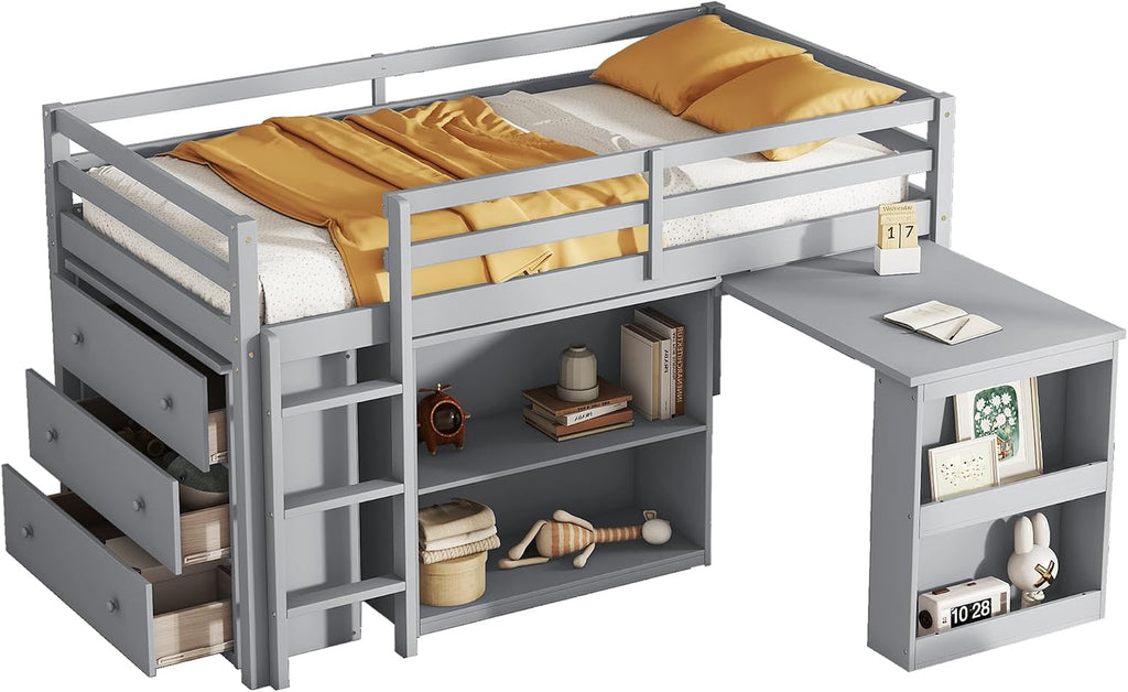 Twin Loft Bed, Multifunctional Loft Bed with Drawer Cabinet, Shelf Cabinet and Pulling-Out Desk, Flexible Under-bed Storage Space, Rubber Wood Loft Bed with Safety Guardrail and Ladder (Grey/261)