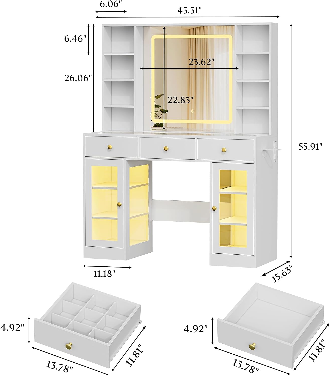 Makeup Vanity Desk with Mirror and Lights, 43' White Vanity with Glass Top, Jewelry Storage, 3 Drawers & Glass Cabinets, Power Outlet & Adjustable LED Lights, Dressing Table for Women & Girls Bedroom