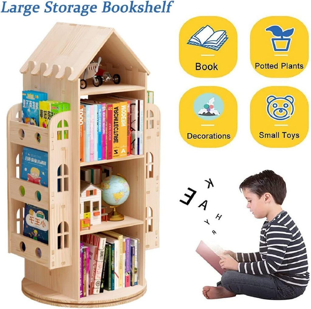Gdrasuya10 Large Rotating Bookshelf 360 Degree, Wood Castle Bookshelf Bookcase Floor Standing Storage Book Shelf Display Children's Bookcase for Playroom Kidsroom