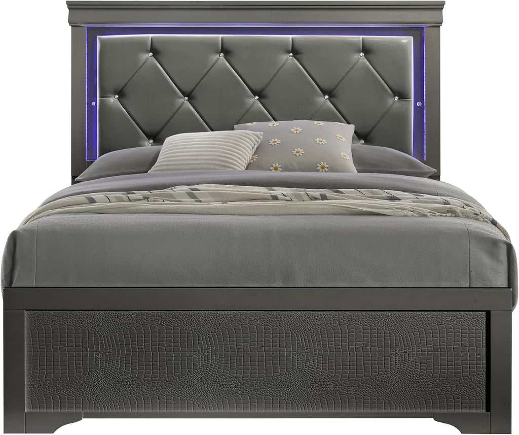 Upholstered 5 Pc Full Bedroom Set with LED Headboard Made with Wood in Metallic Gray