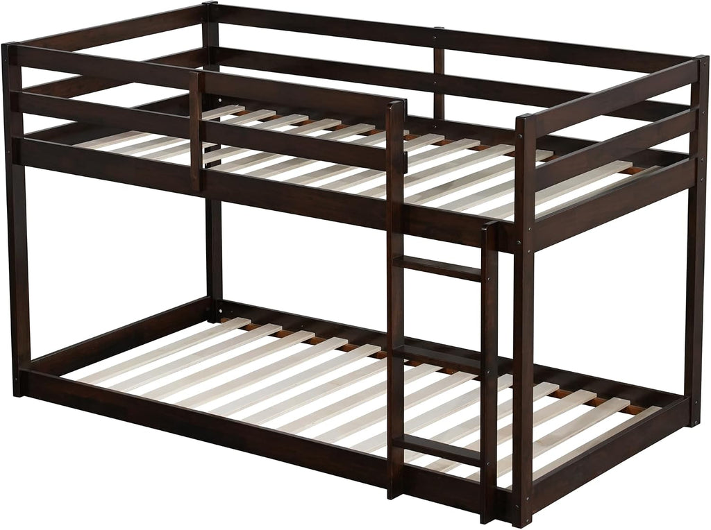 Twin Low Bunk Bed for Kids, Floor Bunk Beds Twin Over Twin with Integrated Ladder & Full Guardrails, Wood Bunked with Strengthened Slats for Boys, Girls, Bedroom, No Box Spring Needed, Espresso