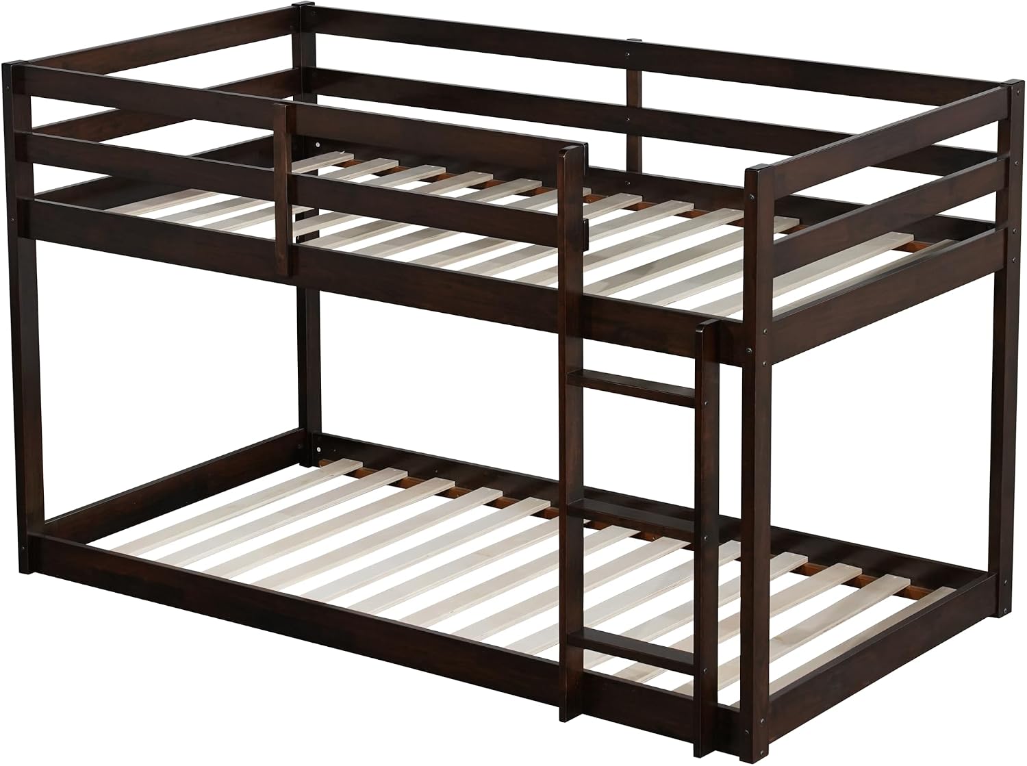 Twin Low Bunk Bed for Kids, Floor Bunk Beds Twin Over Twin with Integrated Ladder & Full Guardrails, Wood Bunked with Strengthened Slats for Boys, Girls, Bedroom, No Box Spring Needed, Espresso
