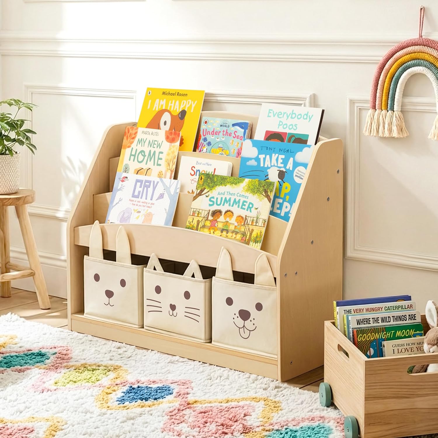 OOOK 3-Tier Kids Bookshelf with 3 Removable Fabric Storage Bins, Front Facing Toddler Montessori Bookshelf, Wooden Bookshelves for Kidsroom, Classroom, Playroom, Nursery
