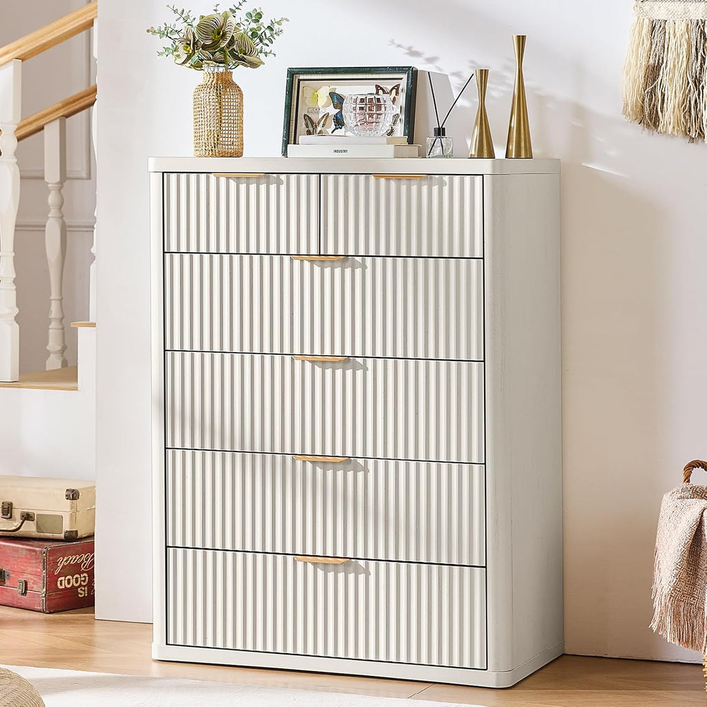LEYAOYAO Fluted 6 Drawers Dresser for Bedroom, 42' Tall Modern Chest of Drawers with Metal Handle, Curved Profile Design,White Wood Drawer Organizer for Bedroom, Living Room, Hallway, Entryway