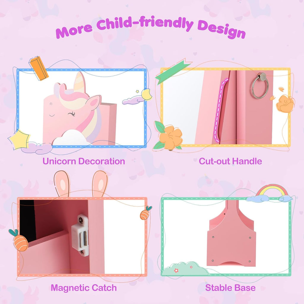 GLACER Kids Vanity & Kids Jewelry Armoire, Princess Little Girls Vanity, Standing Children Jewelry Organizer w/Full-Length Mirror & Foldable Drawers, Adjustable Angles, Kids Bedroom Set (Pink)
