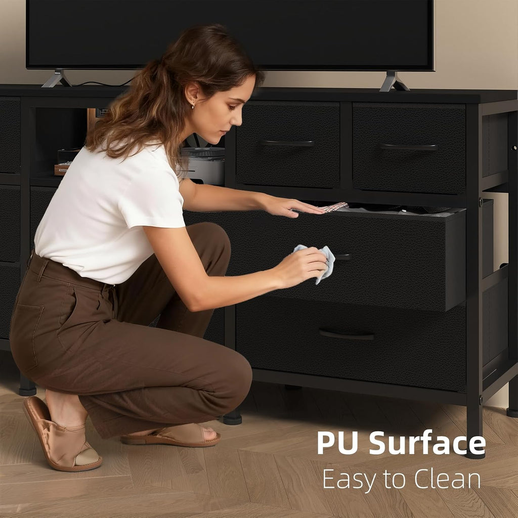 Black Dresser for Bedroom with LED Lights and Power Outlets, 55' TV Stand with 10 Drawers & Open Shelves, Fabric Chest of Drawers with PU Finish, Metal Frame, Wood Top
