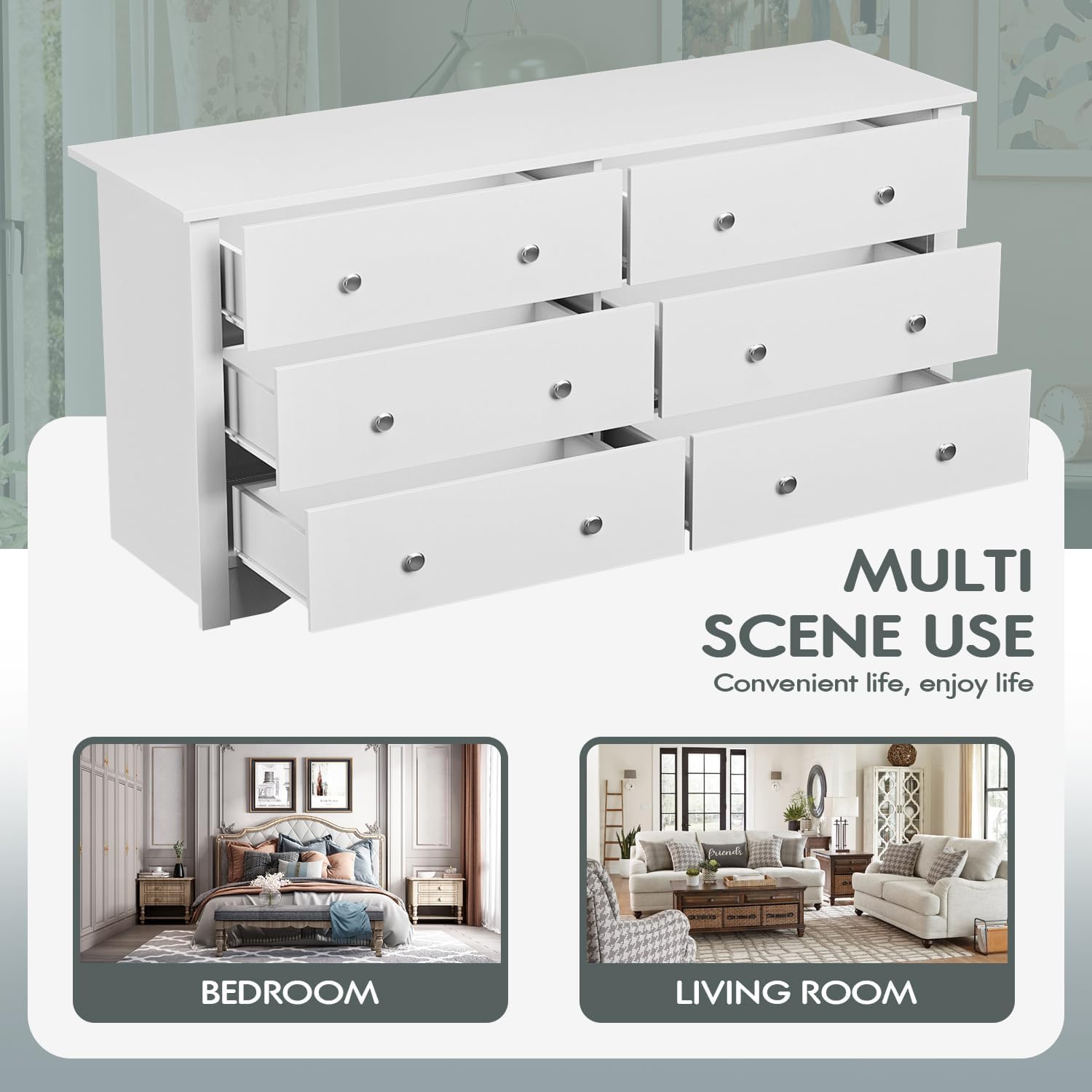 YESHOMY Dresser for Bedroom with 6 Drawer, Wood Wide Chest Storage Organizer and TV Stand for Living Room, Hallway, Dormitory, White