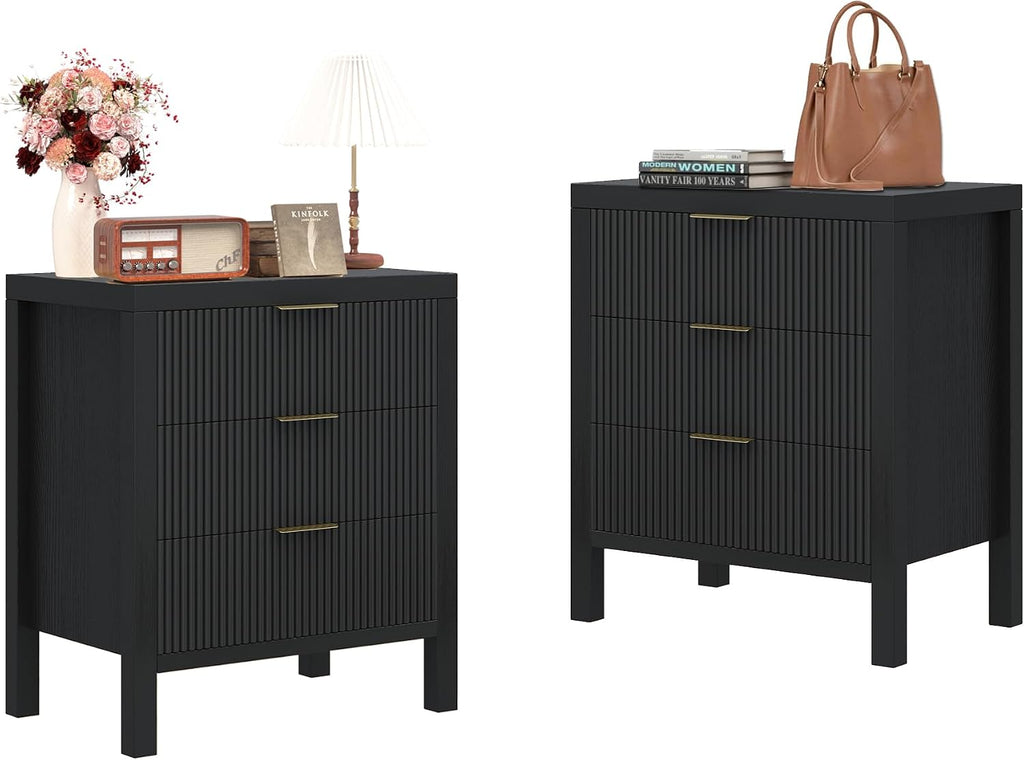 Nightstand Set of 2, Dresser and Nightstand Sets, Bedside Tables, Mid Century Nightstands with 6 Wide Drawers for Bedroom, Kids' Room, Hallway, (Black X 2)