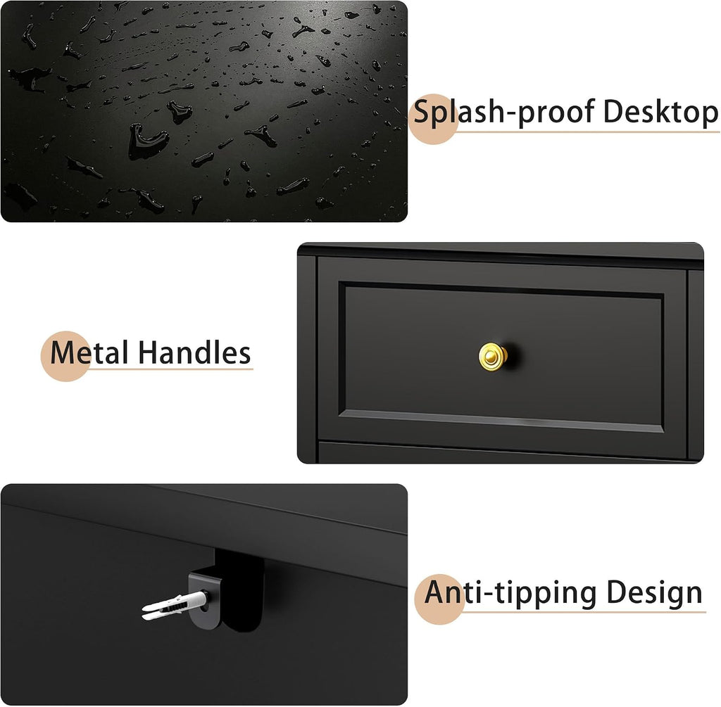 LYNSOM Black Dresser for Bedroom with 7 Drawers, Modern Wide Chest of Storage Drawer with Gold Handles, TV Stand Dresser, Wood Dressers for Bedroom, Living Room, Hallway, Entryway, 55''