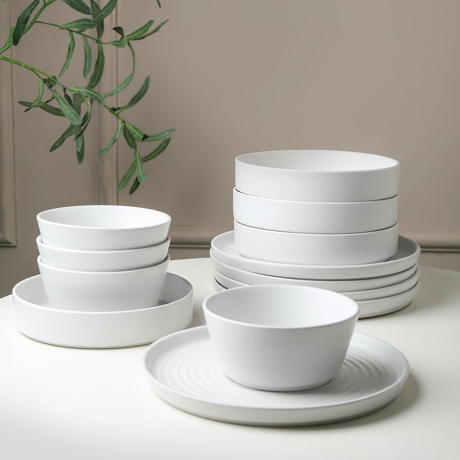 Stone Lain Elica 24-Piece Modern Dinnerware Set Stoneware, Plates and Bowl Sets for 8, White