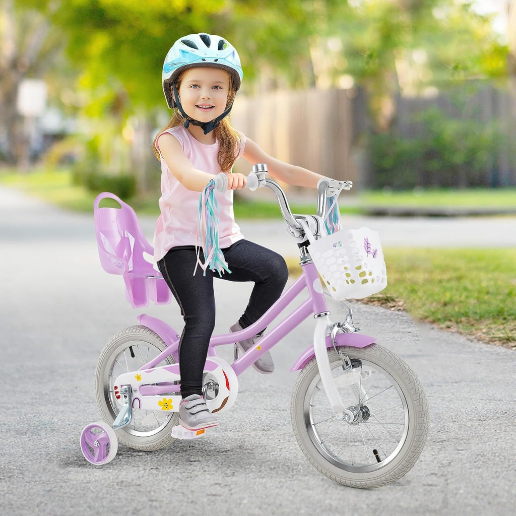 HONEY JOY Kids Bike, 12 14 16 18 Inch Girls Bike w/Training Wheels, Doll Seat, Streamers, Handbrake & Coaster Brake, Fully Enclosed Chain, Princess Style Children Bicycle, Gift for Girls 3-8