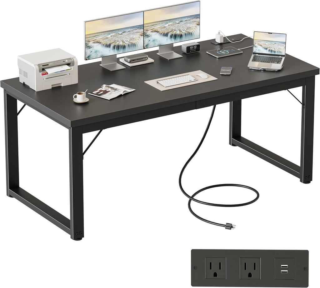 Mericonia 54 Inch Computer Desk with Power Outlets, 1.2' Thick Heavy Duty Industrial Office Desk, Modern Simple Study Writing Table for Home Office Bedroom Workstation, Black