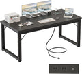 Mericonia 54 Inch Computer Desk with Power Outlets, 1.2' Thick Heavy Duty Industrial Office Desk, Modern Simple Study Writing Table for Home Office Bedroom Workstation, Black