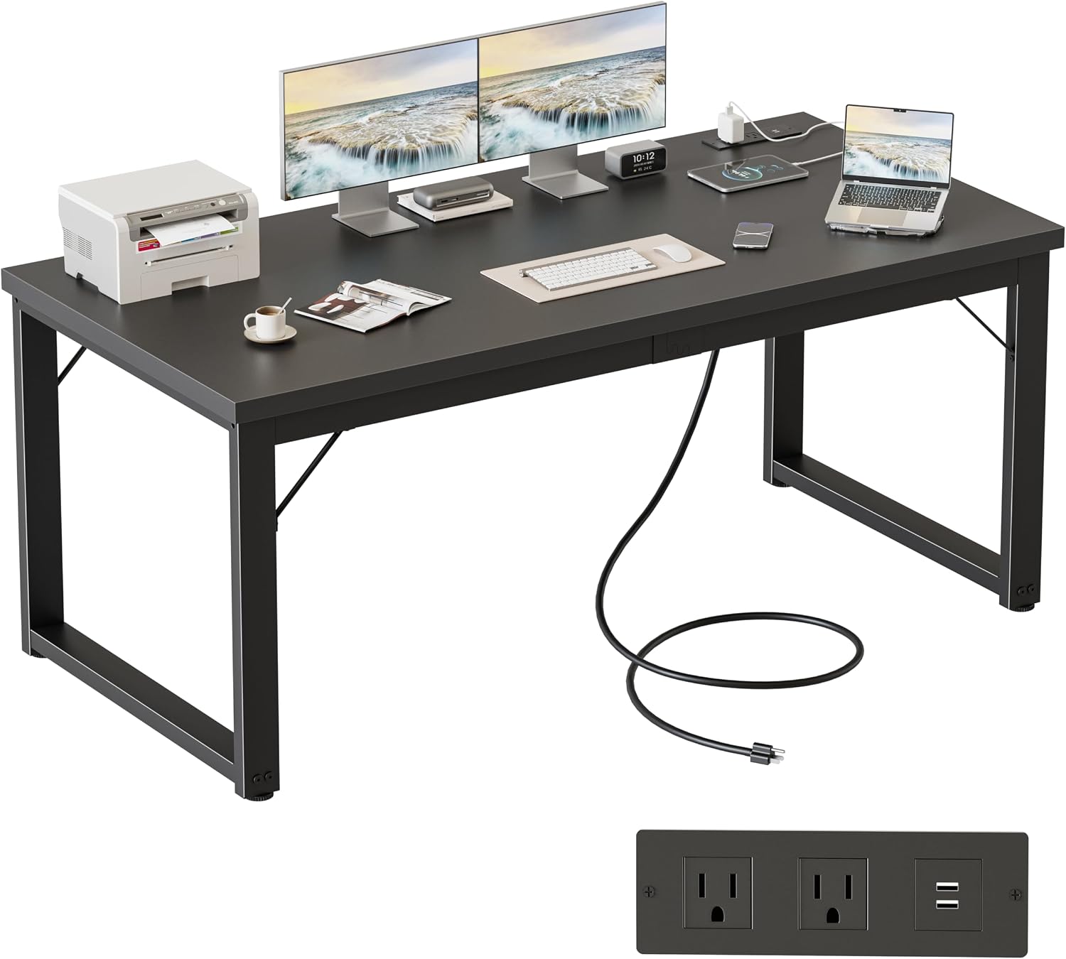 Mericonia 54 Inch Computer Desk with Power Outlets, 1.2' Thick Heavy Duty Industrial Office Desk, Modern Simple Study Writing Table for Home Office Bedroom Workstation, Black