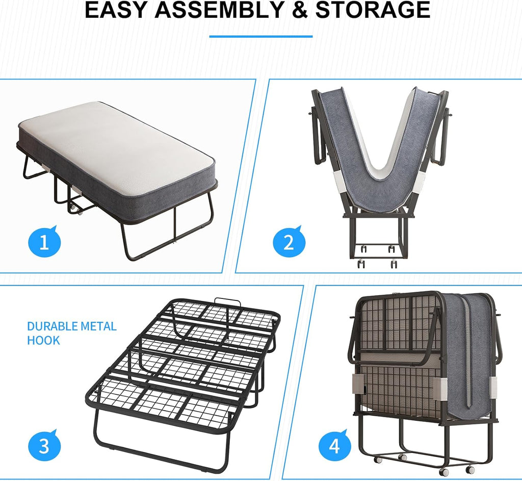 PUREMIND Folding Bed with Mattress for Adults, Portable Rollaway Guest Beds with 5' Memory Foam Mattress & Metal Frame, Twin Size Foldable Beds Fold Away Bed Space Saving