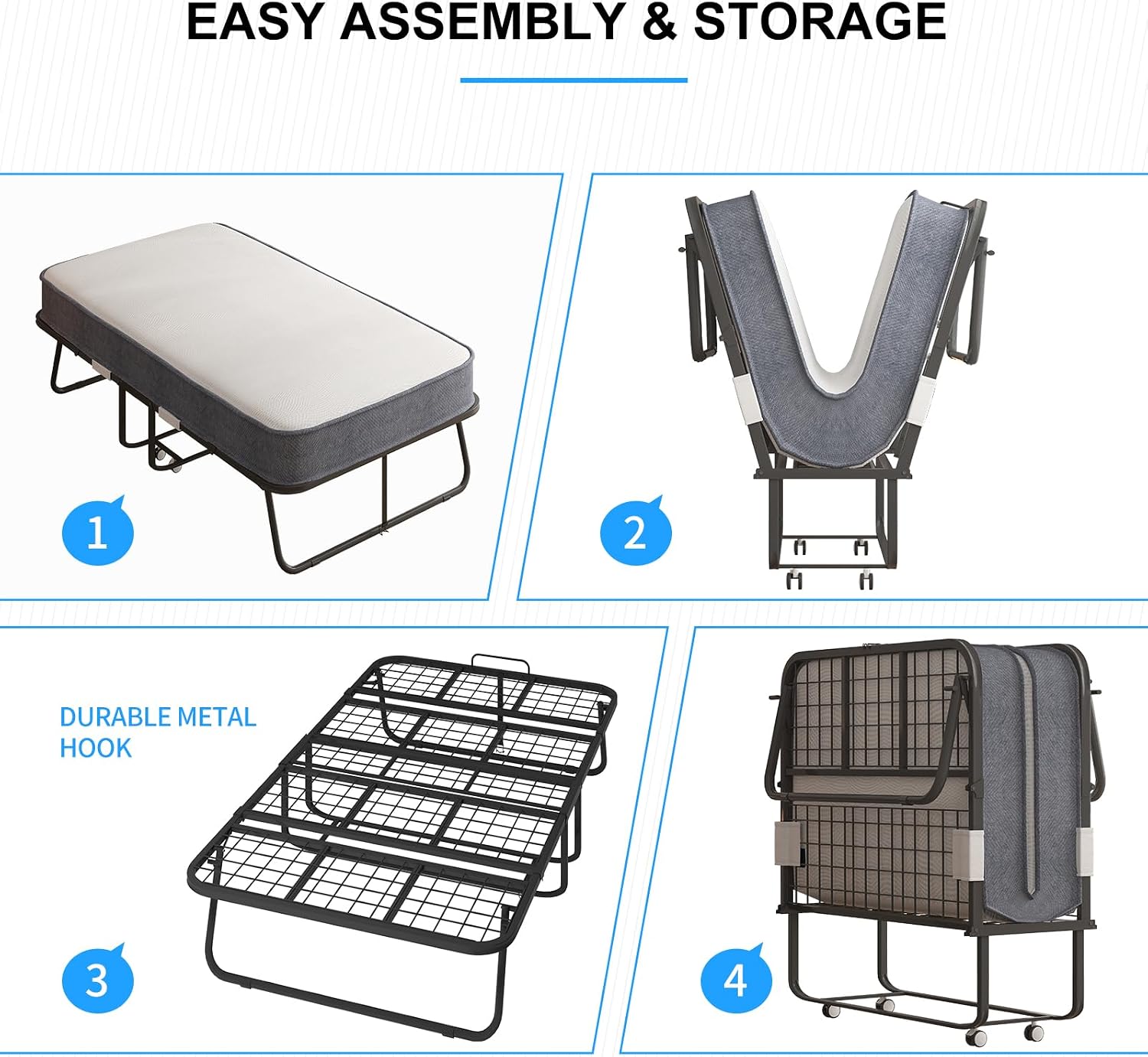 PUREMIND Folding Bed with Mattress for Adults, Portable Rollaway Guest Beds with 5' Memory Foam Mattress & Metal Frame, Twin Size Foldable Beds Fold Away Bed Space Saving