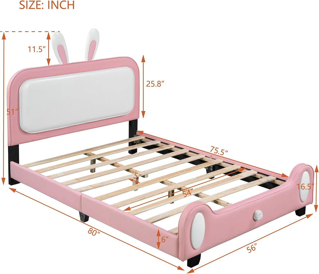 Full Size Upholstered Rabbit-Shape Princess Bed,with Headboard and Footboard Frames Platform Bed for Girls Boy Teen Full Bed Frames for Kids Bedroom Atmosphere Easy to Assemble (Pink+White, Full)