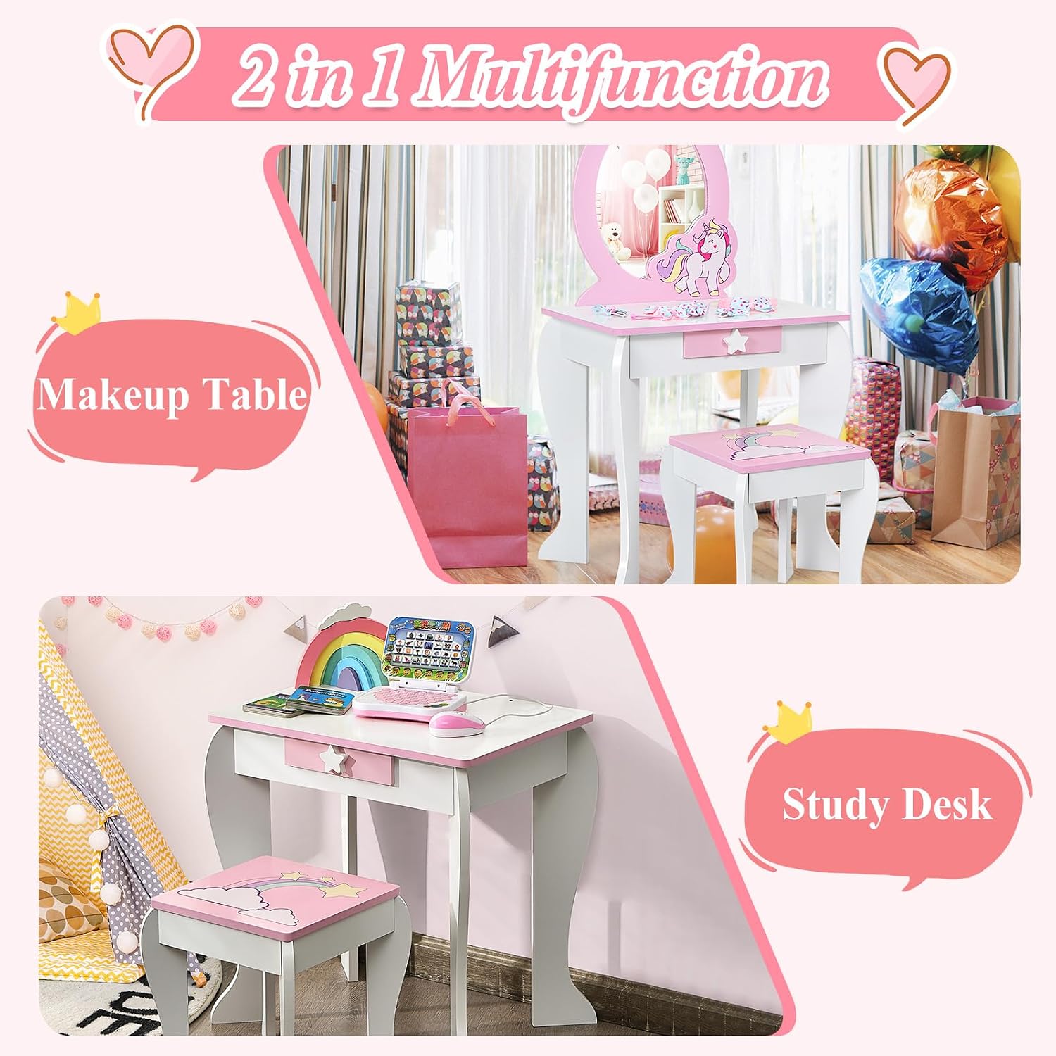 GLACER Kids Vanity & Kids Jewelry Armoire, Princess Little Girls Vanity, Standing Children Jewelry Organizer w/Full-Length Mirror & Foldable Drawers, Adjustable Angles, Kids Bedroom Set (White)