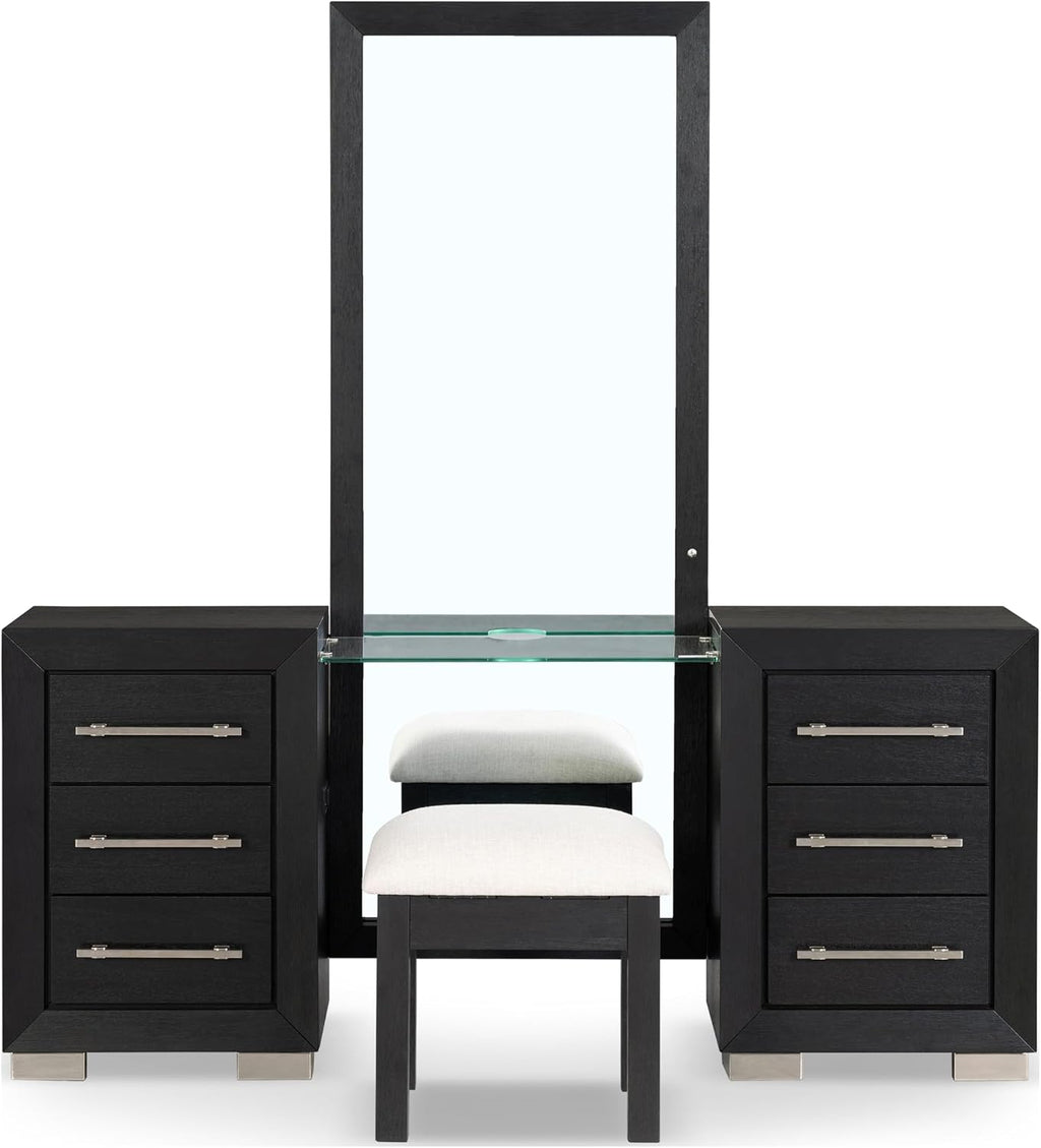 Furniture of America Lyle Modern Solid Wood 6-Drawer Makeup Vanity Set with Storage Stool and LED Full-Length Mirror, Wooden Dresser with USB Ports and Power Outlet for Bedroom, Guest Room, Black