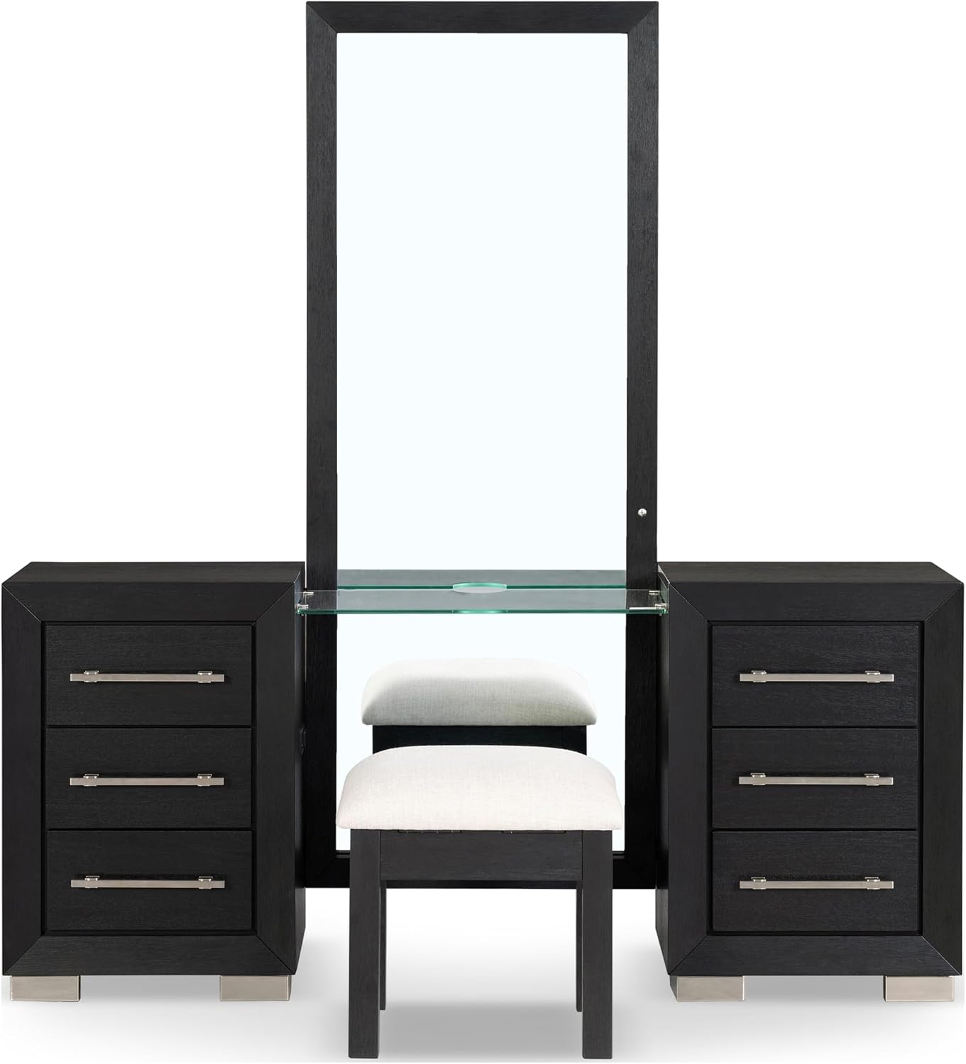 Furniture of America Lyle Modern Solid Wood 6-Drawer Makeup Vanity Set with Storage Stool and LED Full-Length Mirror, Wooden Dresser with USB Ports and Power Outlet for Bedroom, Guest Room, Black
