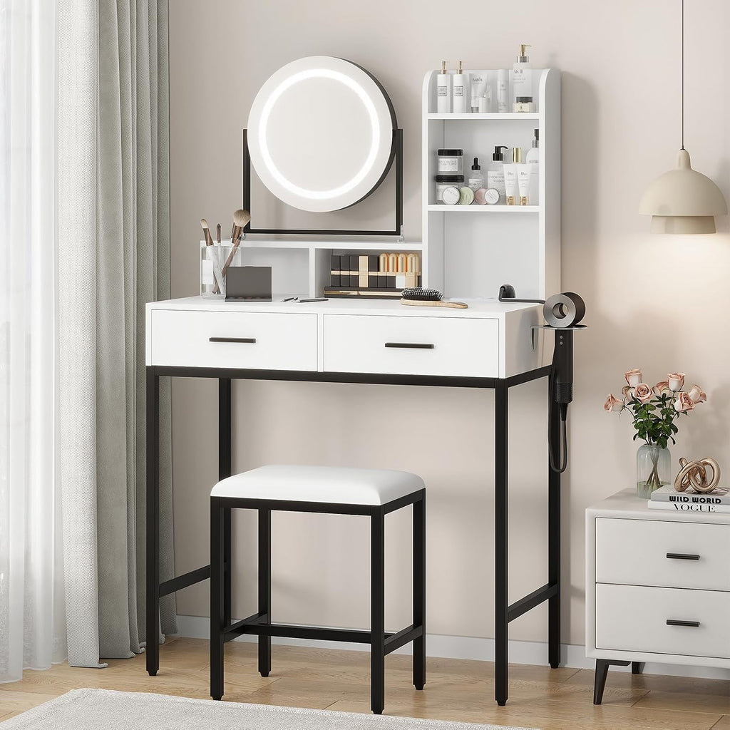 Vanity Desk with Mirror and Light, Makeup Vanity Desk with Rotating Mirror, 3 Colors Adjustable Light, Wood Vanity with 2 Drawers, Stool, Power Outlet, Vanity Set for Bedroom/Dressing Room, Black