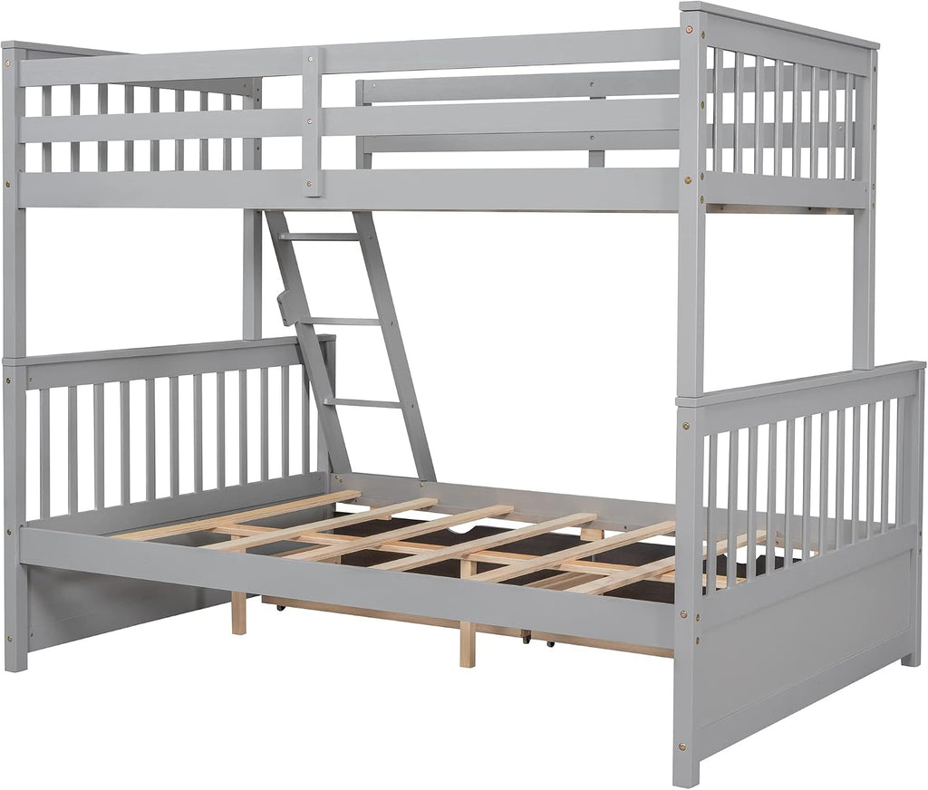 Twin Over Full Bunk Bed with Two Storage Drawers, Solid Wood Bunk Bed Frame Can be Converted Into 2 Separate Beds, Bedroom Furniture Bunk Bed with Ladders for Kids Teens Adults (Gray)