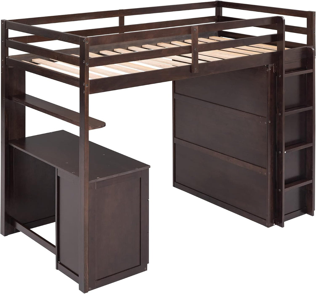 Twin Size Loft Bed with Drawers and Desk, Wardrobe, Ladder for Kids, Adults, Girls, Bedroom, Easy Assembly, No Box Spring Needed, Space-Saving, Espresso
