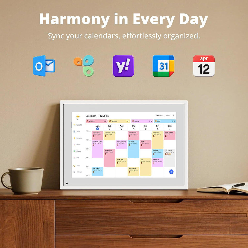 Digital Calendar 10.1 Inch, 1080P Full HD WIFI Interactive Touchscreen Electronic Calendar & 2026 Smart Family Planner, Chore Chart for Multiple Kids, Rewards & Picture Frame, Desk Mount