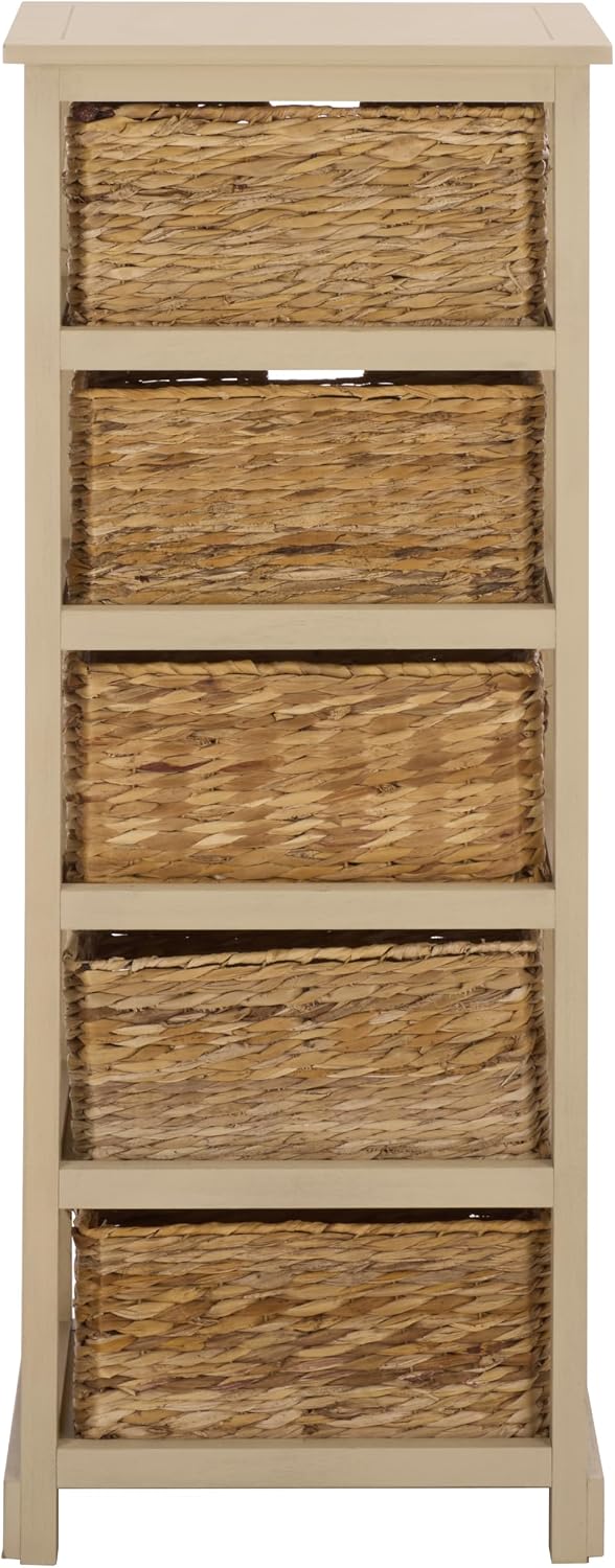 SAFAVIEH Furniture - Vedette 5-Basket Storage Tower - Sand - Solid Wood - Coastal Basket Tower Design - Ideal for Entryway, Living Room, 17.5' W x 13.5' D x 46' H - Fully Assembled (AMH5739G)