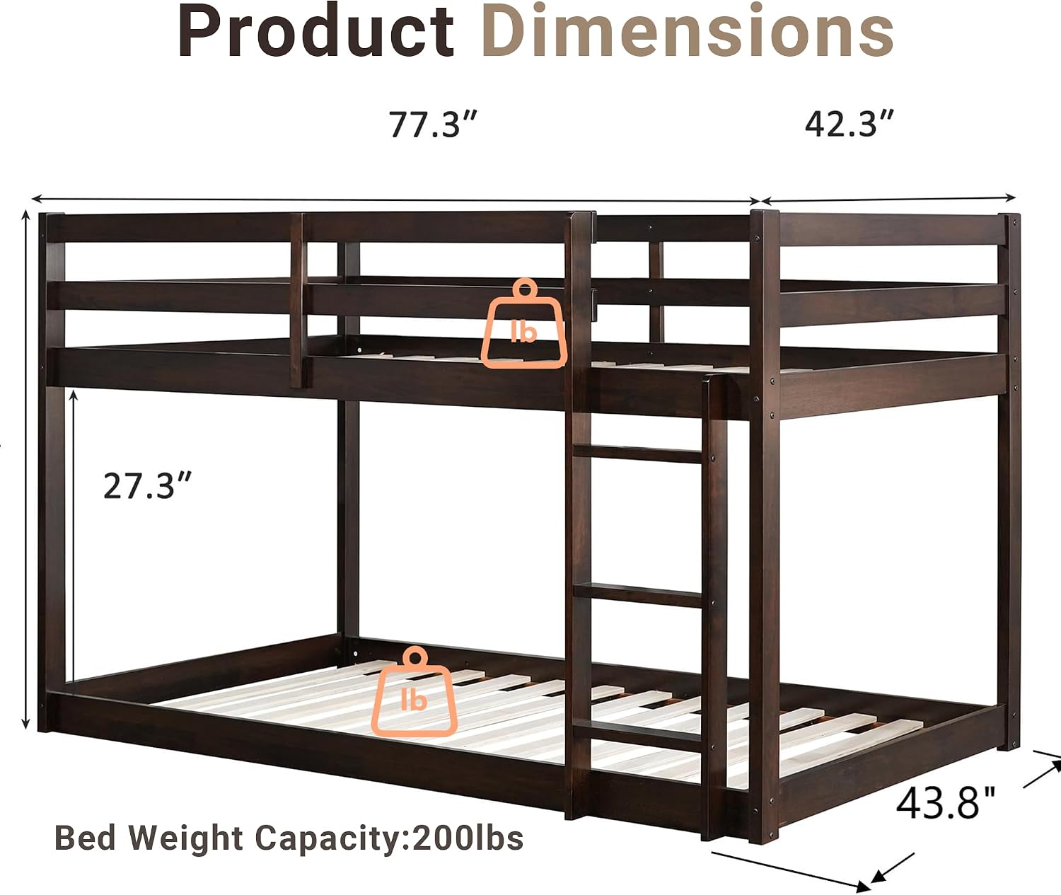 Twin Low Bunk Bed for Kids, Floor Bunk Beds Twin Over Twin with Integrated Ladder & Full Guardrails, Wood Bunked with Strengthened Slats for Boys, Girls, Bedroom, No Box Spring Needed, Espresso