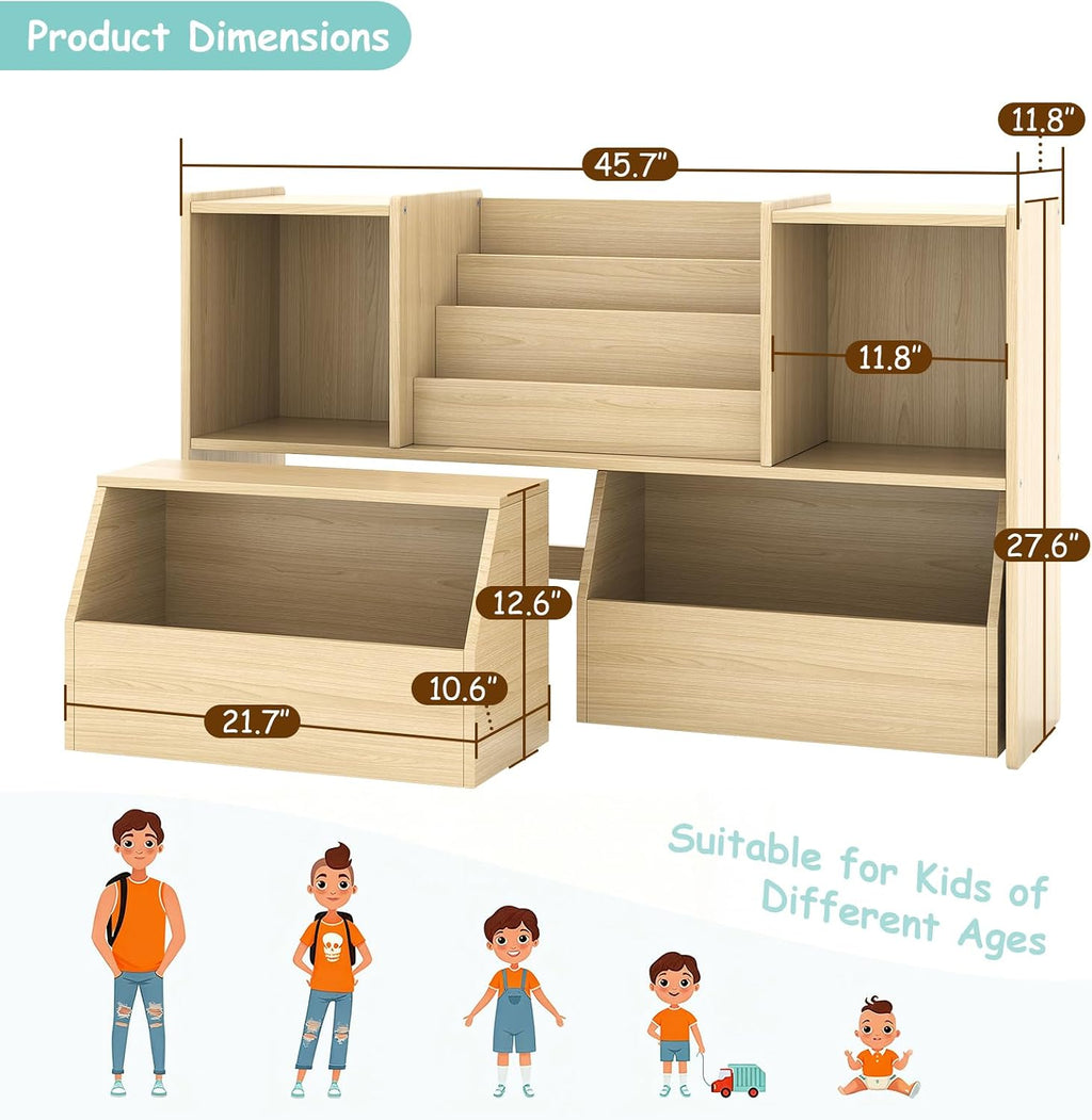 EXPERLAM Solid Wood Kids Bookshelf and Toy Storage Organizer, 3-in-1 Montessori Bookcase with Storage Cubbies and 2 Rolling Toy Bins, Toddler Bookshelf for Kids Room, Playroom, Nursery