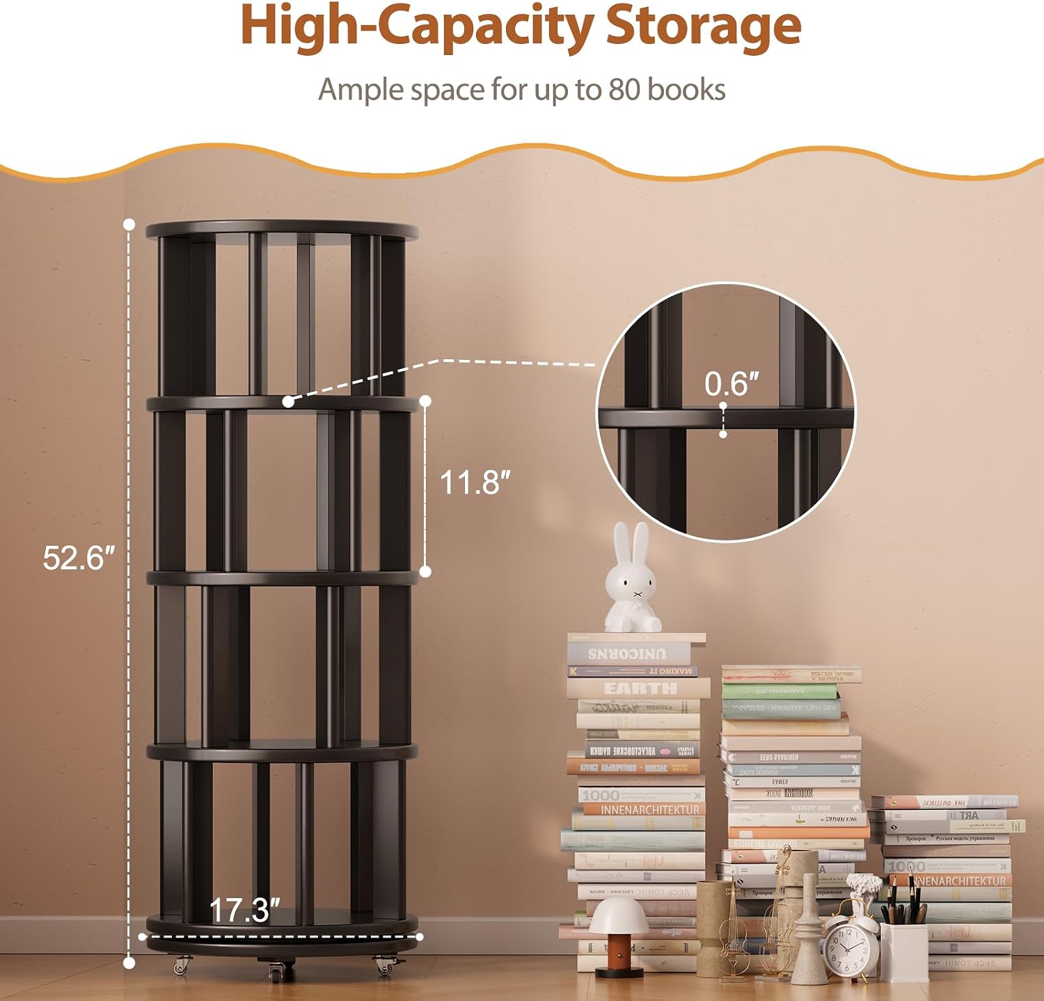 Muwuele Solid Wood Rotating Bookshelf on Wheels, 4 Tier, Round Revolving Bookcase, 360° Spinning Book Shelf Tower for Kids, Narrow Rolling Bookshelves for Small Space, Corner, Bedroom, Office, Black
