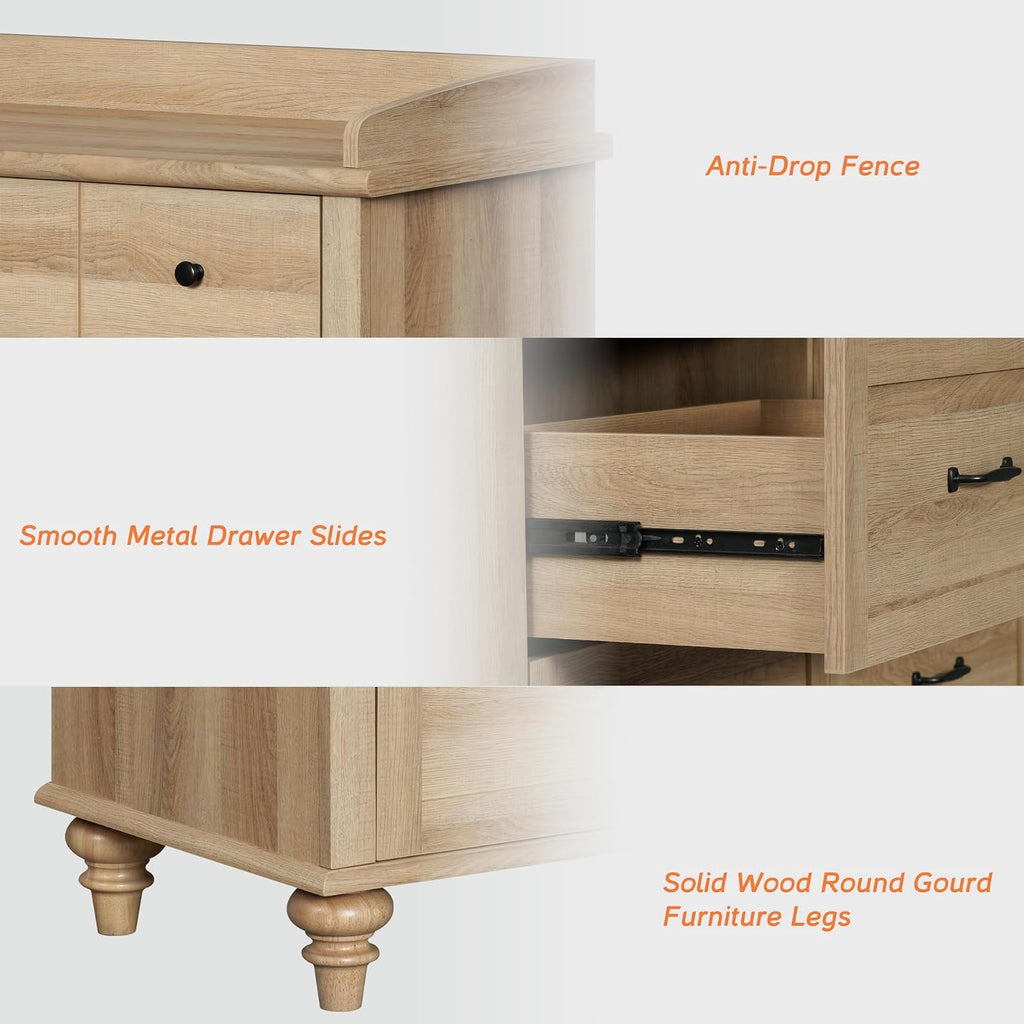 WAMPAT 2 Piece Bedroom Set - Includes 6 Drawer Dresser for Bedroom, Farmhouse Nightstand with Charging Station & Drawers & Cubby, 2 Piece Dresser and Nightstand Sets, Oak