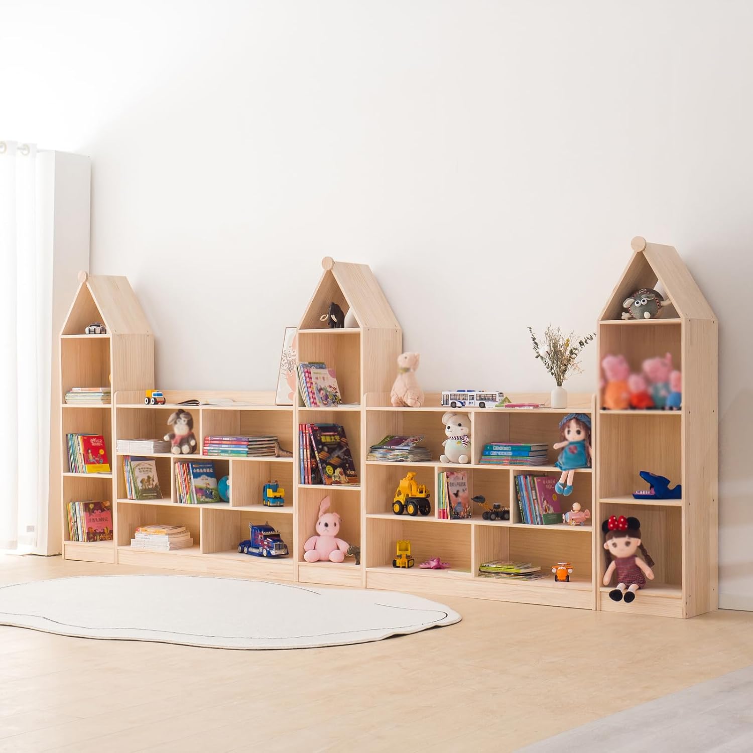 Wooden 7 Compartment Storage Cabinet Organizer Kids 3 Tier Wood Bookshelf School Storage Shelf Classroom Furniture for Kids Natural (47.24' L x 11.81' W x 35.43' H)