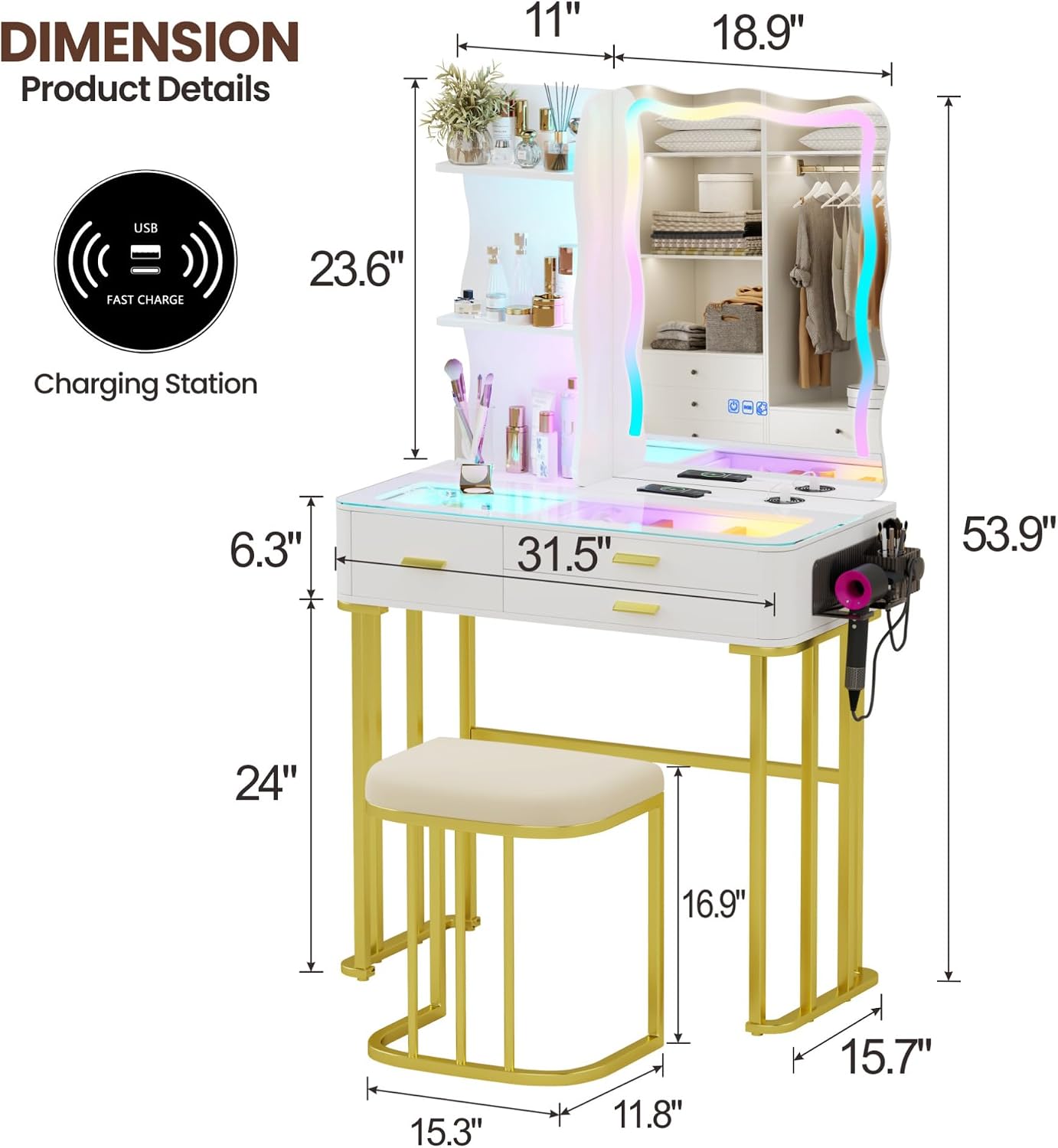 RGB LED Makeup Vanity Desk with Mirror & Lights, Modern Glass Top Vanity Table with 3 Drawers, Charging Station, Hair Dryer Holder, Dimmable Colorful Light Vanity Set for Bedroom,White