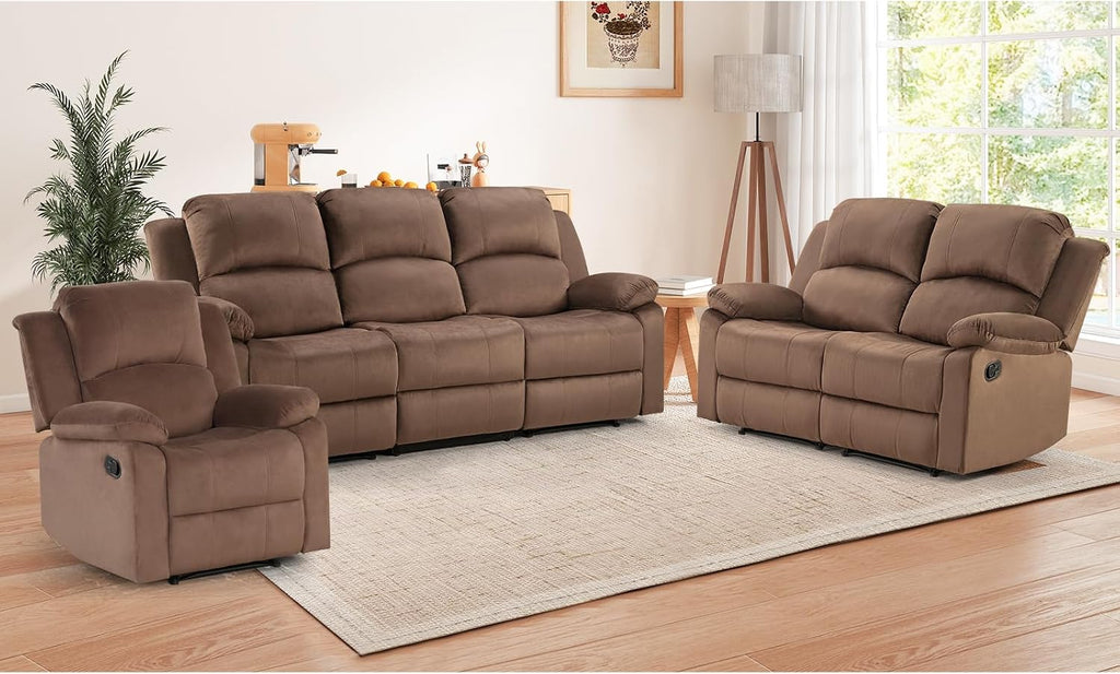 EBELLO Manual Recliner Sofa Set, Microfiber Reclining Couch Furniture Set for Living Room, Includes 1 Recliner Chair, 1 Loveseat Sofa and 1 3-Seater Reclining Couch, Brown