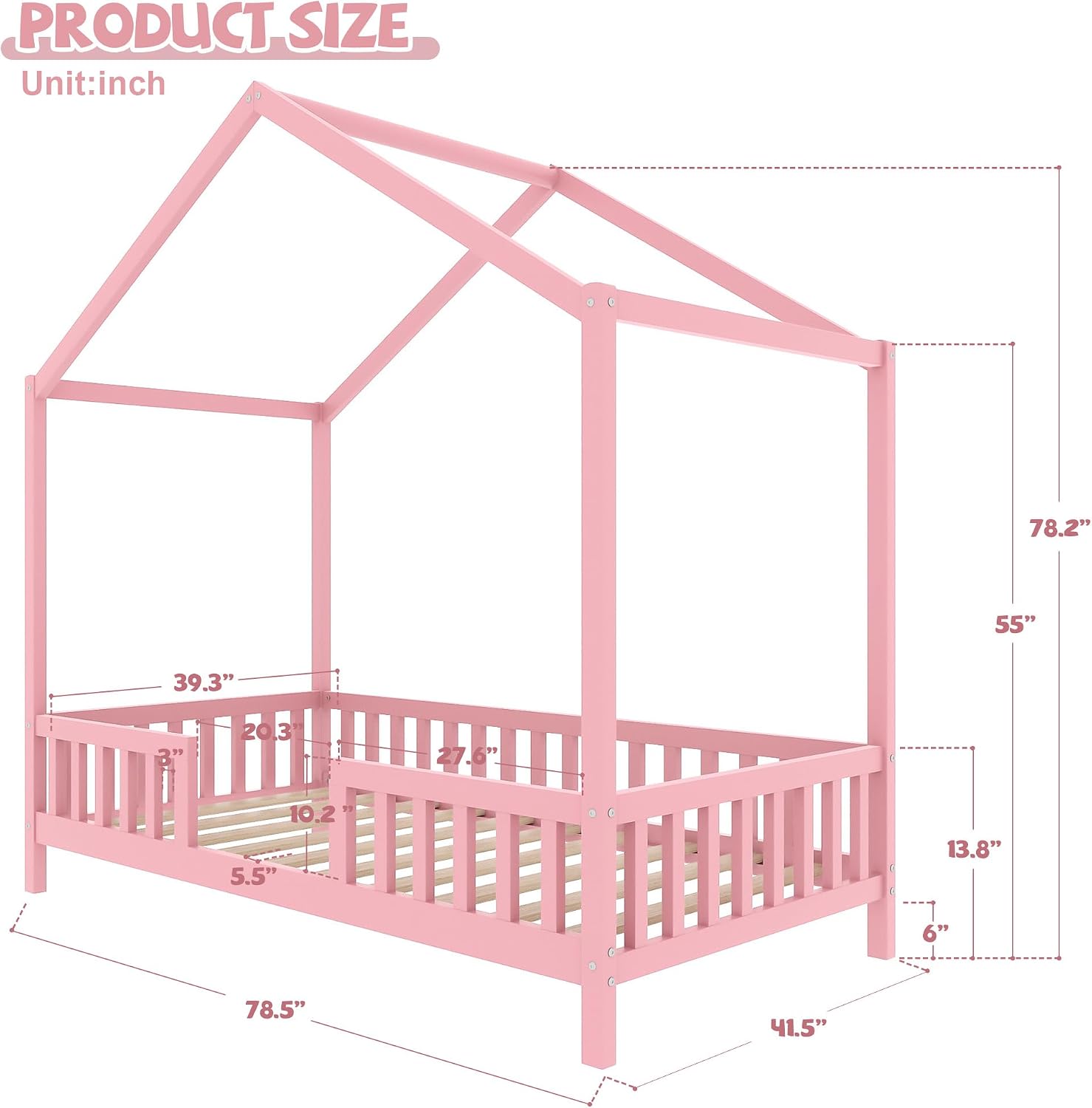 Twin Montessori Floor House Bed with High Rails, Wood Kids Low Floor Bed with Roof & Canopy, Montessori Twin Kids Bed Frame for Girls, Boys,No Box Spring Needed, Pink