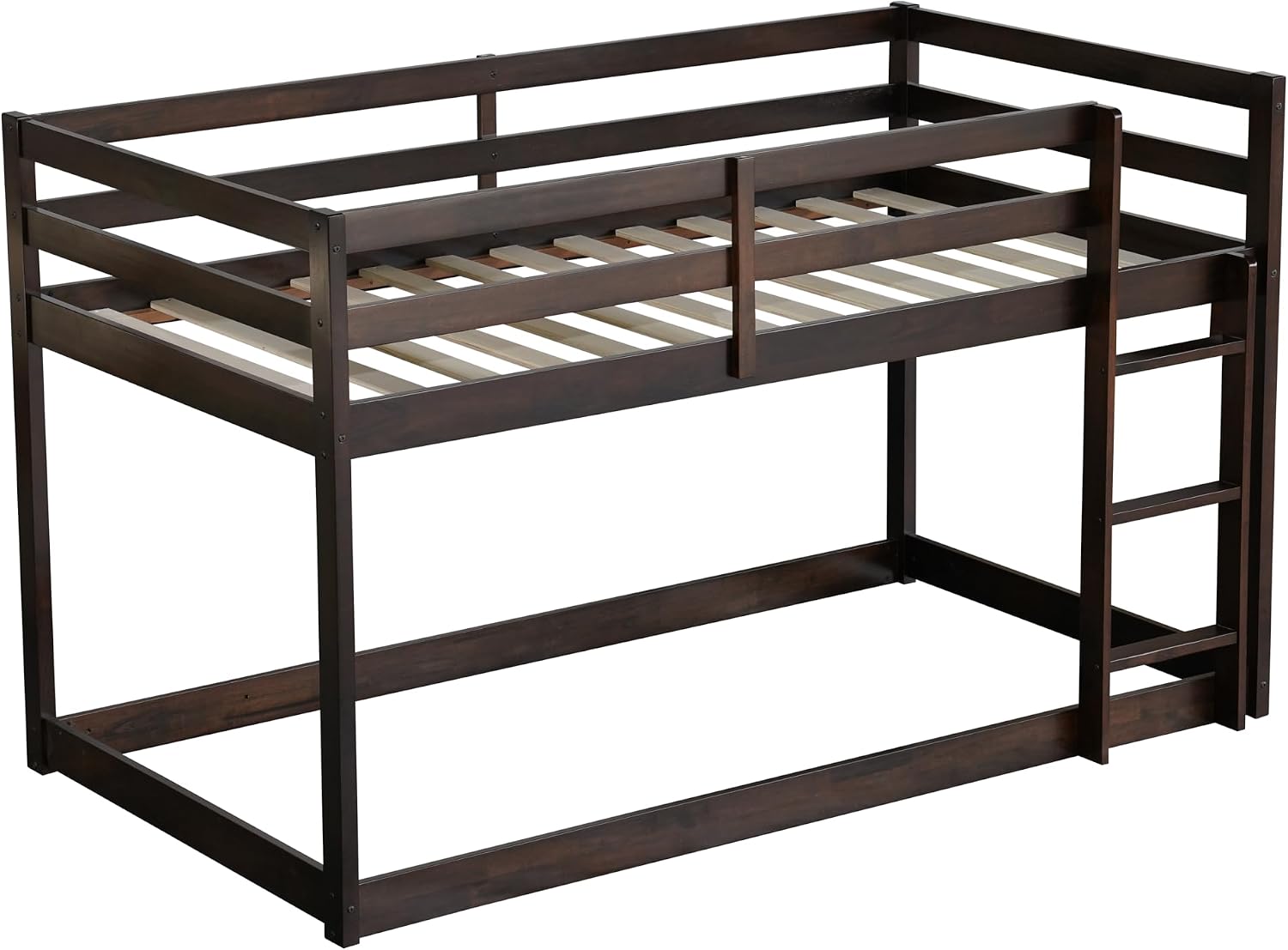 Ball & Cast Twin Over Twin Bunk Bed,Solid Rubber Wooden Low Floor Platform Bed with Ladder and Full Length Guardrail,Slat Support,Bedroom Furniture for Girls Boys,Espresso
