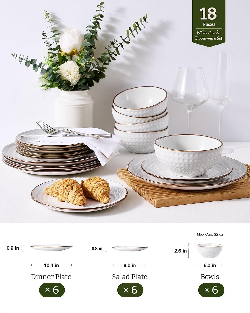 Famiware Eden Embossed Plates and Bowls Sets, Stoneware Dinnerware with Gold Trim, 18-Piece Luxury Dishes for 6, Everyday & Formal Use, Chip/Scratch Resistant, Microwave/Dishwasher Safe, White Circle
