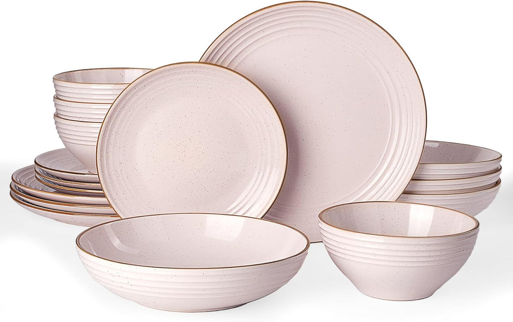 Famiware Jupiter 16-Piece Stoneware Dinnerware Set for 4 - Includes Pasta Bowl & Dinner Plate, Handcrafted Dishes with Speckles & Embossed Swirls, Chip & Scratch Resistant, Daily & Formal Use, Pink
