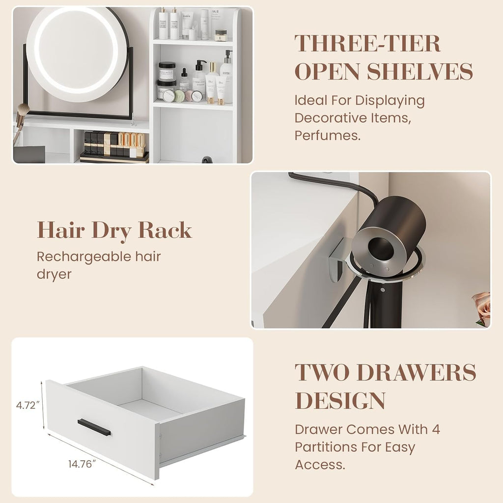 Vanity Desk with Mirror and Light, Makeup Vanity Desk with Rotating Mirror, 3 Colors Adjustable Light, Wood Vanity with 2 Drawers, Stool, Power Outlet, Vanity Set for Bedroom/Dressing Room, Black