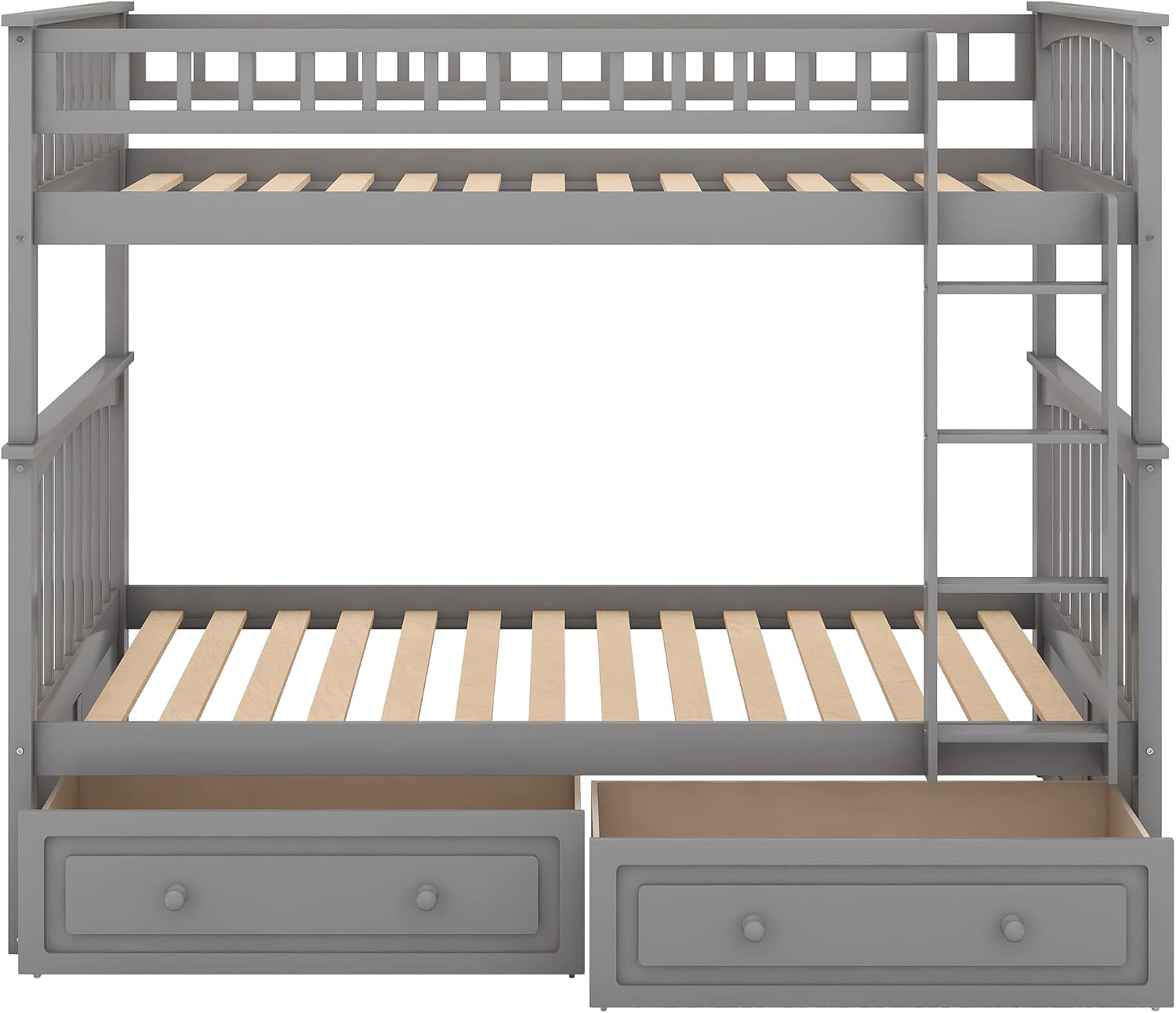 Twin Over Twin Wood Bunk Bed with Two Storage Drawers, Solid Wood Convertible Storage Bunk Bed Can Be Convertible to 2 Beds, Frame with Ladder, Safety Rail for Teens Adults (Gray)